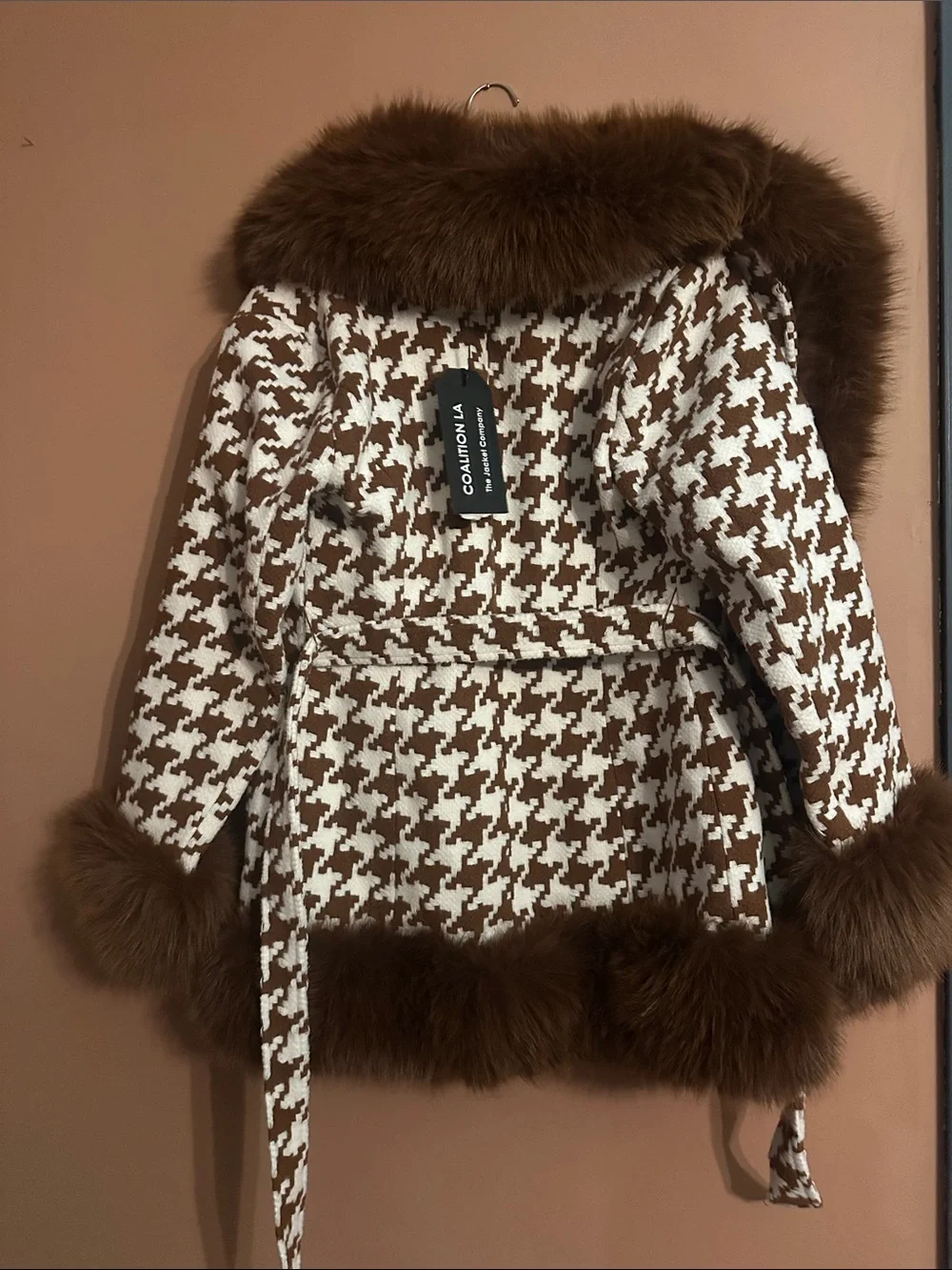 Beautiful Soft Brown & White Houndstooth pop Removable Faux Fur-Trim Coat